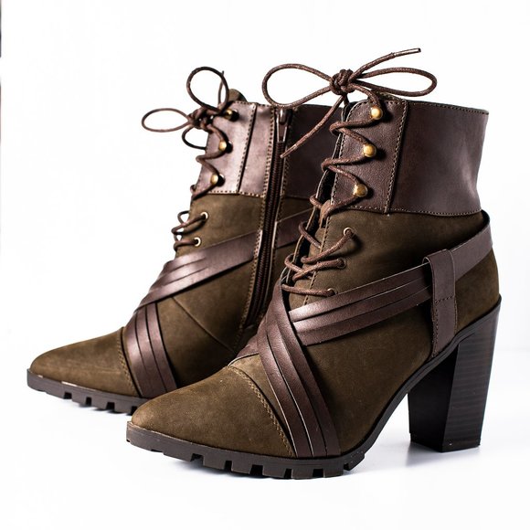 Qupid Brown & Green Zipper Booties - Picture 2 of 4